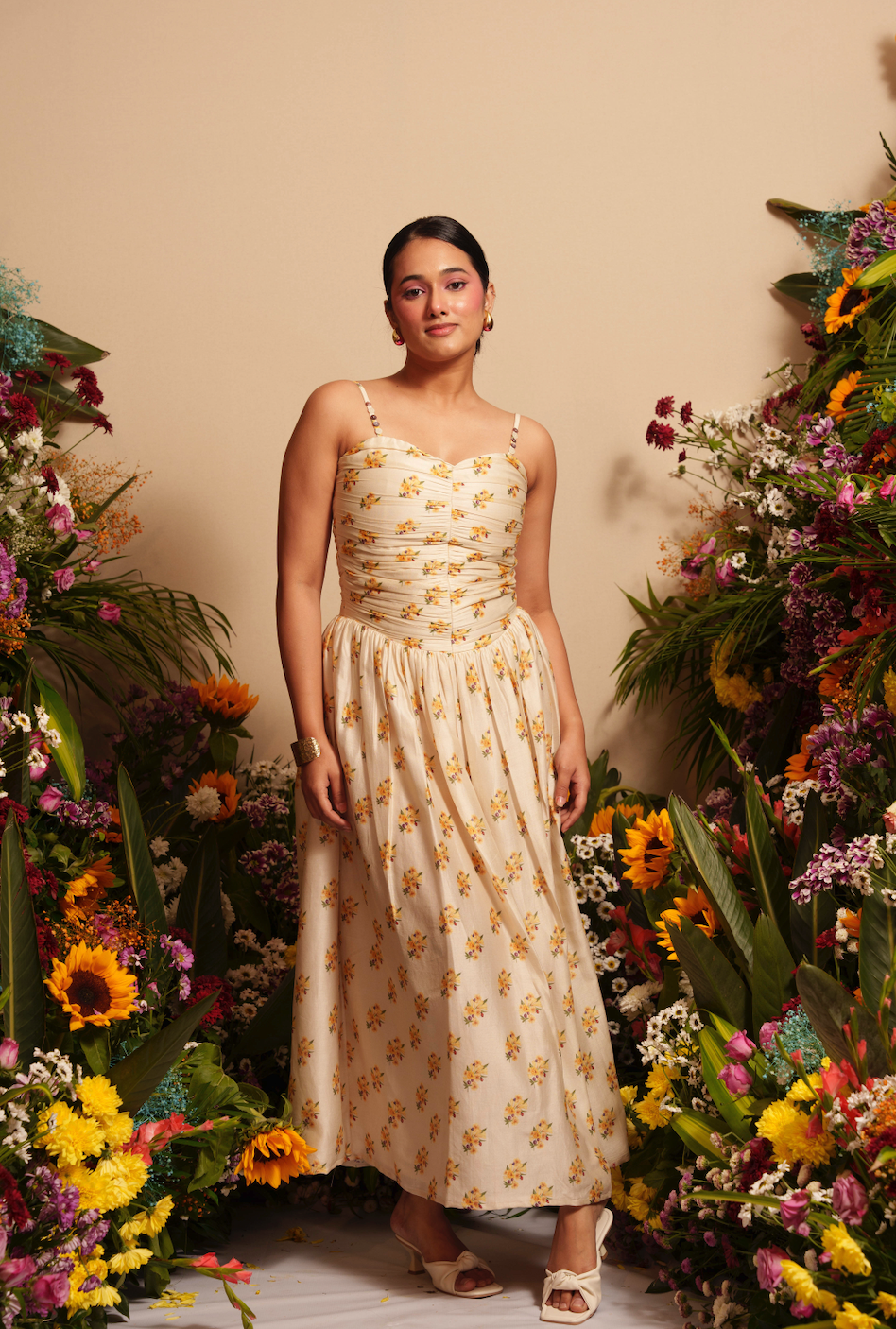 Beige Rushed Flower Midi Dress