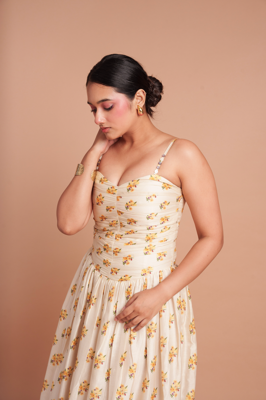Beige Rushed Flower Midi Dress