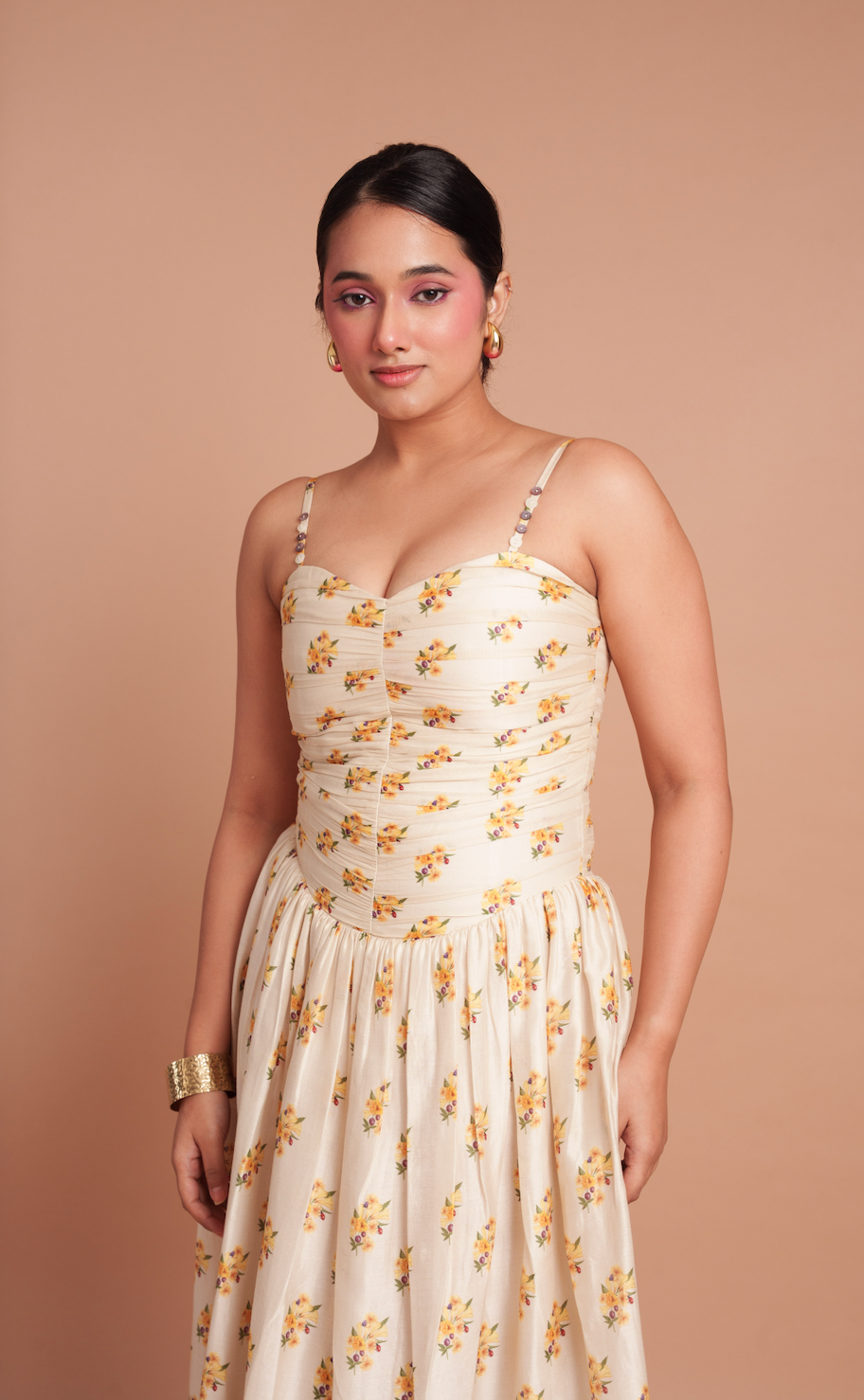Beige Rushed Flower Midi Dress