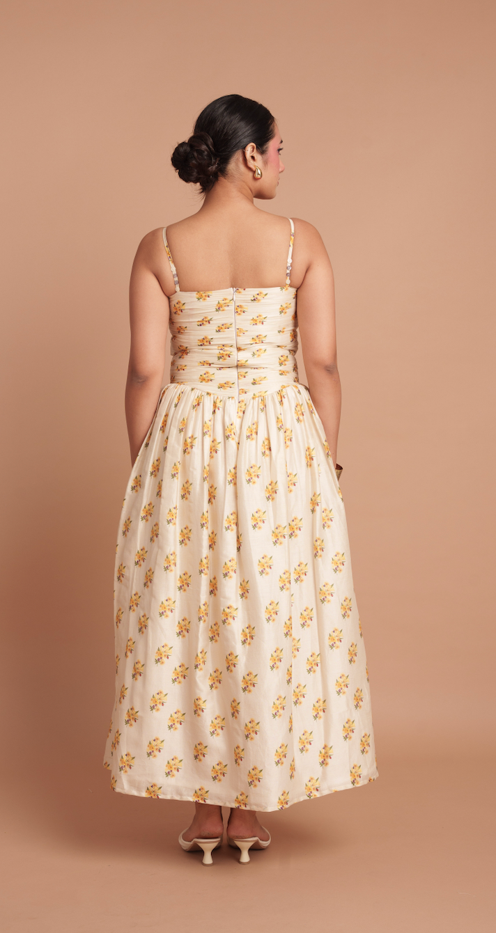 Beige Rushed Flower Midi Dress