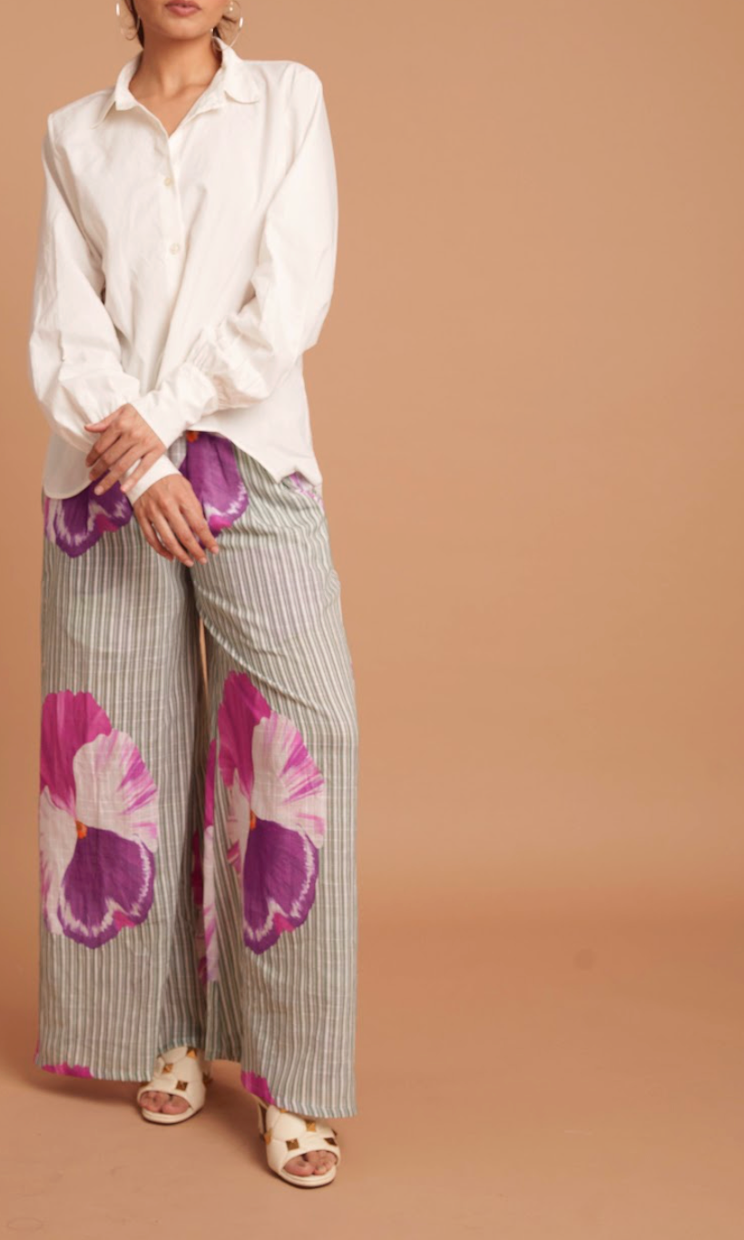Pancy Smocked Elastic Pant & Scalloped White Shirt