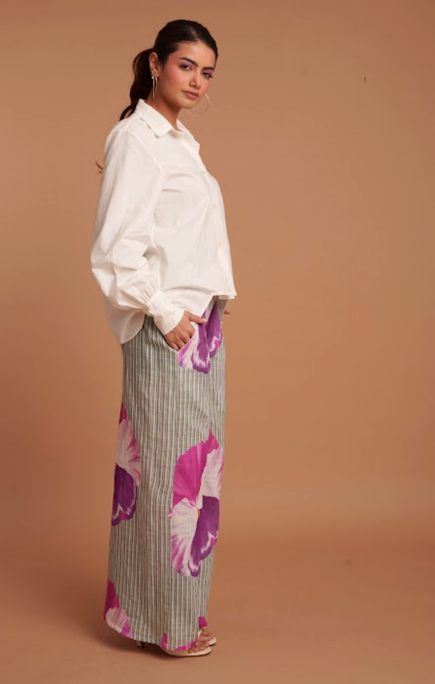 Pancy Smocked Elastic Pant & Scalloped White Shirt