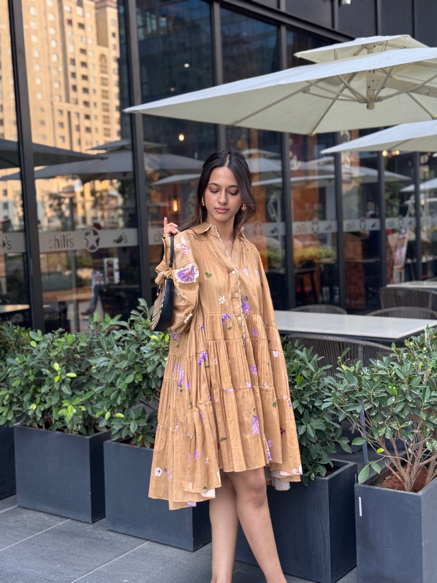 Deep Beige Pleated Mini Dress